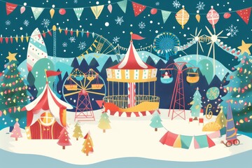 Cartoon cute doodles of a winter island with a festive carnival featuring rides, games, and performances, all decked out in twinkling lights and colorful decorations, Generative AI