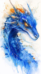 Colorful watercolor illustration of a blue dragon highlighted on a white background Head Vector, 