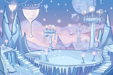 Cartoon cute doodles of a winter island with a grand ice palace hosting a winter ball, where guests dance under glittering chandeliers and sip on frosty drinks, Generative AI