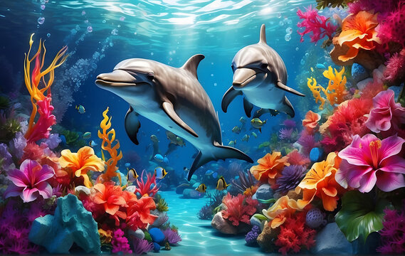 A vibrant underwater scene featuring tropical elements and dolphins, Wallpaper background