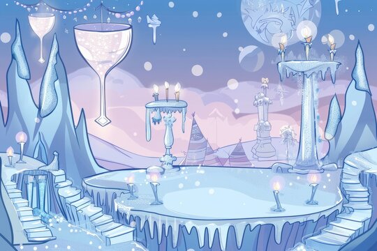 Cartoon cute doodles of a winter island with a grand ice palace hosting a winter ball, where guests dance under glittering chandeliers and sip on frosty drinks, Generative AI