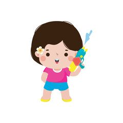 Songkran festival kid thai Traditional playing enjoy water gun splashing water Thailand cartoon character flat style Happy thai new year vector illustration on white background