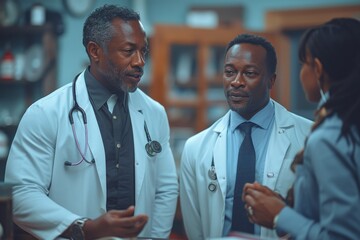 Black doctor and patient with status health update and advice report. Doctor talking to patient at hospital. Generative AI. - obrazy, fototapety, plakaty
