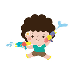 Songkran festival kid thai Traditional playing enjoy water gun splashing water Thailand cartoon character flat style Happy thai new year vector illustration on white background