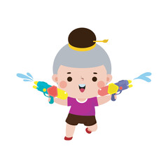 Songkran festival kid thai Traditional playing enjoy water gun splashing water Thailand cartoon character flat style Happy thai new year vector illustration on white background