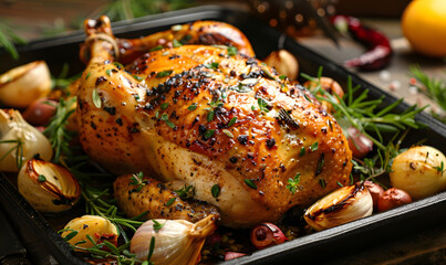 Freshly roasted chicken with steam rising, surrounded by herbs and spices