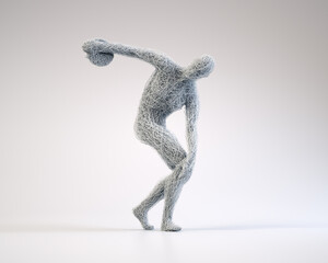Greek athlete statue made of wire throwing the discus.