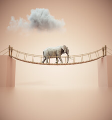 Elephant walks on rope above a gap between two cubes. Risk taking and destination concept.