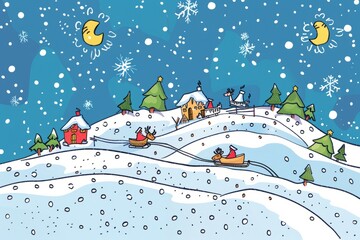 Cartoon cute doodles of a winter island with a network of sleigh rides pulled by reindeer, offering tours of the snowy landscape and twinkling night sky, Generative AI