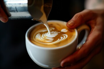 a barista pouring milk into a coffee cup creating beautiful latte art - obrazy, fototapety, plakaty