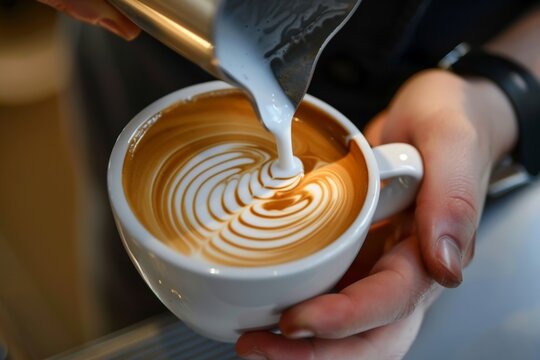 a barista pouring milk into a coffee cup creating beautiful latte art