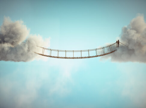Fototapeta Surreal image of a rope bridge connecting two clouds.