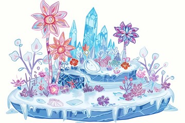 Cartoon cute doodles of a winter island with a whimsical ice garden filled with frozen flowers, sparkling crystals, and delicate ice sculptures, Generative AI
