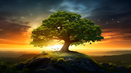 A tree in a field with the sun behind it majestic with dark background - obrazy, fototapety, plakaty
