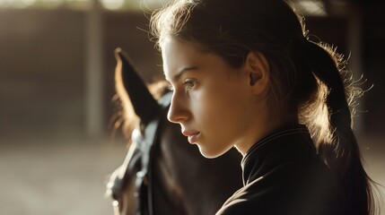 A pensive young charming girl, after horse riding, thinks about everyday life. Close portrait in profile of a girl on a blurred background of a horse - obrazy, fototapety, plakaty