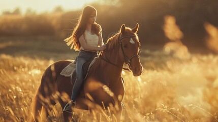 A young beautiful girl with long hair on a horse in a field with tall grass and sunlight. Uniting with nature and animals as a way to maintain mental health - obrazy, fototapety, plakaty