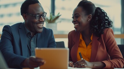 Two black people at a business meeting. A man and a woman are discussing a new project. Successful professionals enter into an agreement for joint cooperation