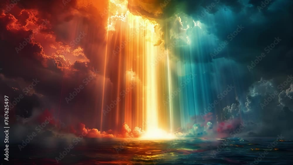 Poster a series of colorful beams of light streaming down from above illuminating the depths of the subcons