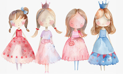 Cute watercolor girls set - Little princess isolated on white background