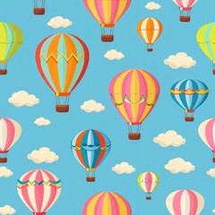 A colorful hot air balloon pattern is shown on a blue background. The balloons are of various colors and sizes, and they are scattered throughout the sky. Scene is cheerful and playful
