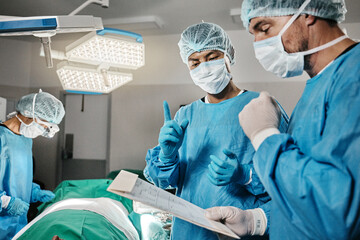 Surgery, documents or surgeons with teamwork for emergency, accident or healthcare in hospital....