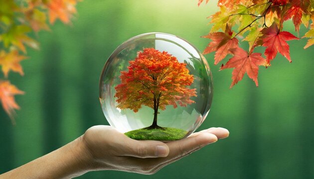 Hand holding a maple tree with fall colors in a glass orb - Powered by Adobe