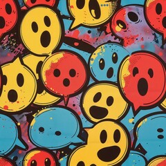 A colorful pattern of faces with mouths open and eyes wide