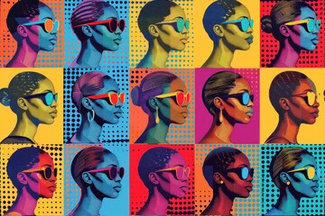 A colorful collage of women's faces with sunglasses on