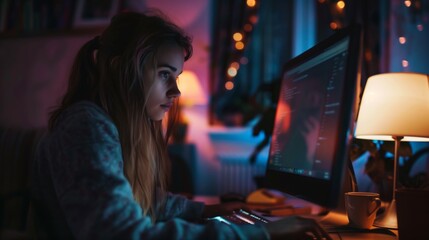 Woman working late at night from home in dark room, illuminated by the glow of her computer monitor as she sits at her desk.