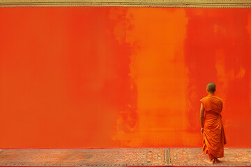 bonze, moine bouddhiste portant le kesa, tenue traditionnelle orange des moines qui ne sont plus novices, bouddhiste sur un tapis, devant un mur orange texturé, copy space - obrazy, fototapety, plakaty