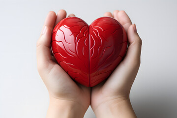 red decorative heart in hands. love and health concept. sacrifice and helping people