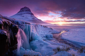 Wall murals Kirkjufell A beautiful mountain range with a waterfall and a river