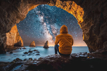 A person is sitting on a rock near the ocean, looking up at the stars - Powered by Adobe