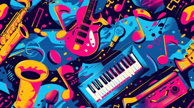 A colorful and vibrant image of musical instruments and notes
