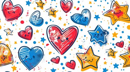 Fototapeta premium A colorful pattern of hearts and stars with a smiling face. Concept of happiness and warmth