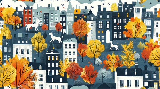 A painting of a city with many buildings and dogs walking around. The mood of the painting is lively and playful
