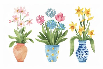 Obraz premium Flowers in pots home plants flat watercolor illustration banner green leaves yellow, blue, pink flowers botanical spring floral design ceramic flowerpots, hydrangea, lily, narcissus, tulip, 