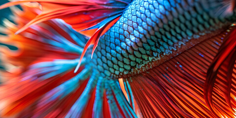 A red, blue and yellow betta fish with a tail, 
Red white beta fish tail swims in the water tank, 
