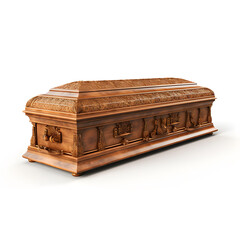 Elegant Wooden Coffin with Ornate Carvings Isolated on White - obrazy, fototapety, plakaty