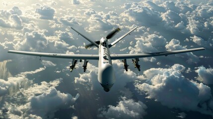 A military unmanned aerial vehicle UAV patrols flying over the clouds - obrazy, fototapety, plakaty