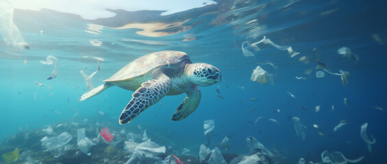 Sea turtle swimming in ocean, Plastic pollution in ocean, Turtles eat plastic bags mistaking them for jellyfish Environmental Problem, World Ocean Day, and World Environment Day concept.