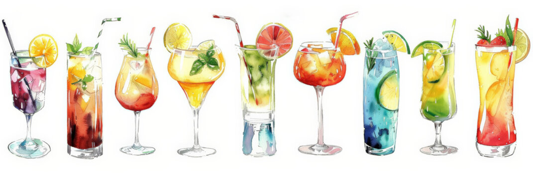 Hand drawn illustration of watercolor cocktails set isolated on white background