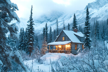 snow covered wooden house with light from the windows on a frosty winter evening against the...