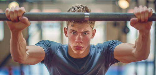 A young man demonstrates his resolve as he locks eyes with the camera while performing pull-ups on a bar