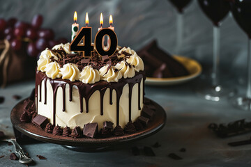 gâteau d'anniversaire avec des bougies pour 40 ans allumées, avec de la crème et du chocolat fondu. Gâteau au design masculin sur un fond flouté festif espace négatif copy space.  - obrazy, fototapety, plakaty