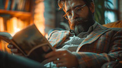 American businessman in glasses deeply engrossed in reading a book, surrounded by the cozy ambiance of a home library.