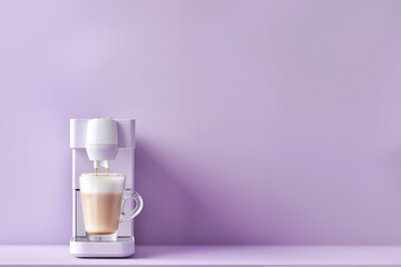 machine à café couleur pastel, lavande et chrome avec un mug transparent rempli de caffe latte crémeux sur un fond violet copy space - obrazy, fototapety, plakaty