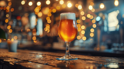 Enjoy the inviting ambiance with a cold beer glass set on a table, illuminated by bokeh lights from the interior, creating a cozy atmosphere. - obrazy, fototapety, plakaty