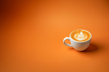 tasse blanche de caffe latte  avec un motif floral, boisson chaude sur fond orange dégradé avec espace négatif copy space - obrazy, fototapety, plakaty