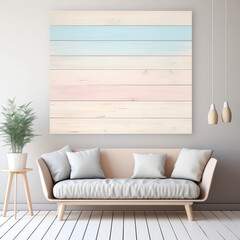  Light blue and pastel pink horizontal wood wall art mockup in the living room